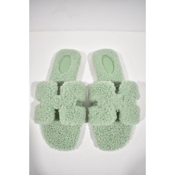 Hermes Oran Teddy Shearling Fur Green H Logo Slide Sandal Mule Flat Flip Flop 42 - Picture 7 of 12